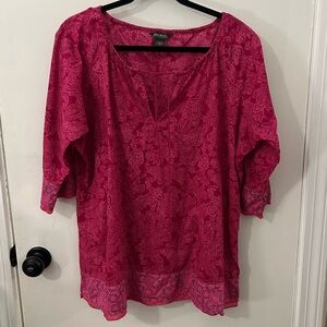 EDDIE BAUER Top Womens 2XL Boho Tunic Blouse Split Neck 3/4 Sleeve Cotton Pink